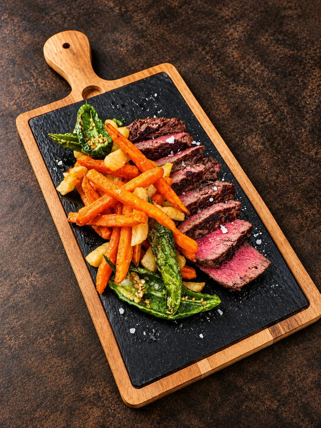 Corte de carne a la brasa en láminas sobre piedra con zanahorias, patatas y pimientos