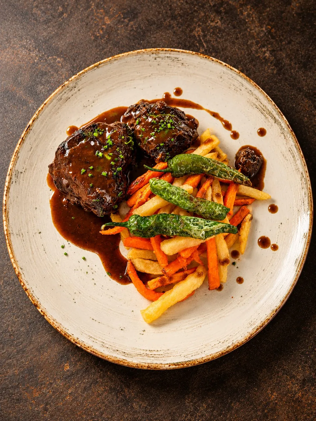 La Descarreada: carrilleras guisadas al vino tinto con patatas, zanahoria y pimientos