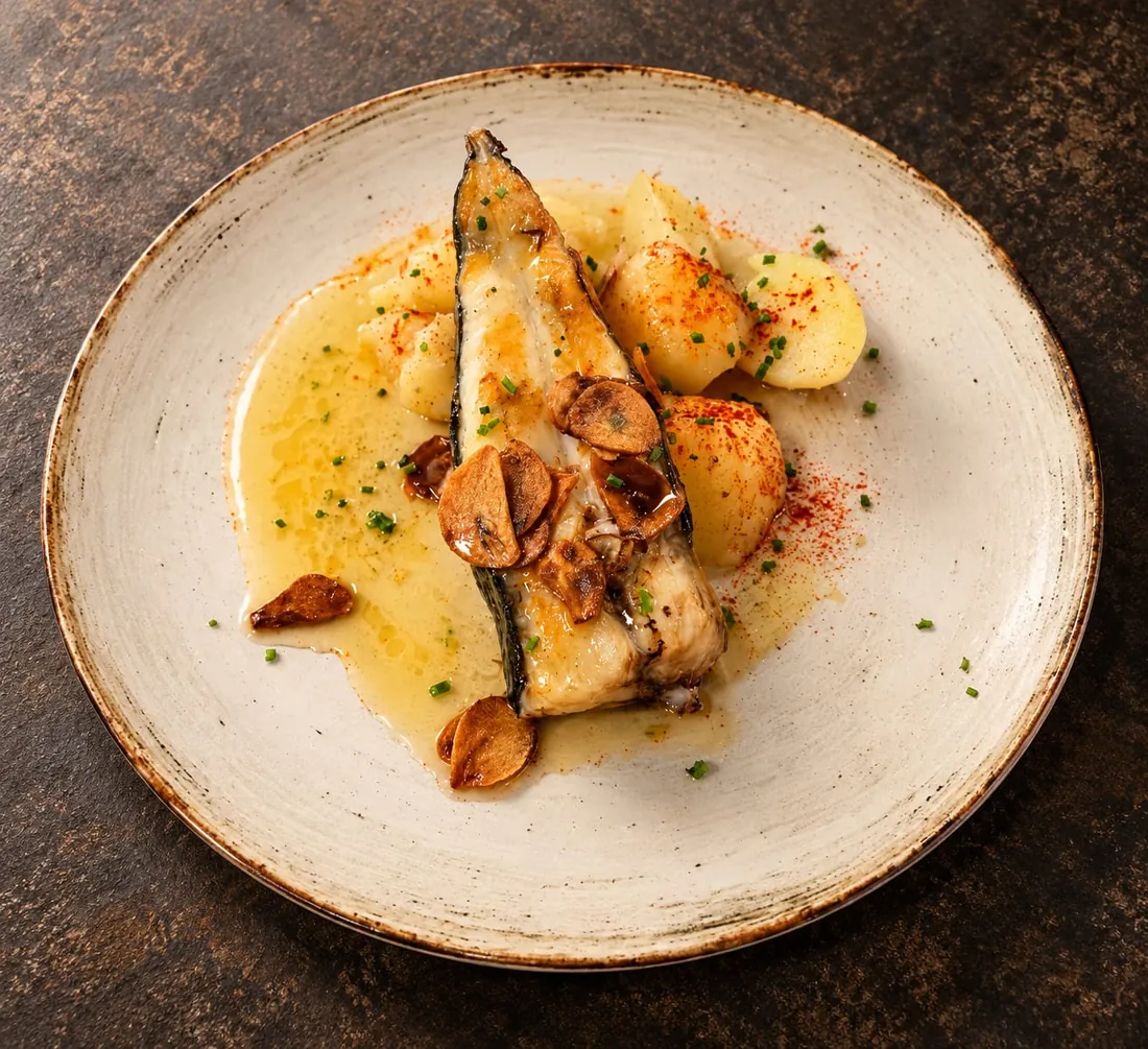 Pescado asado con láminas de ajo dorado y patatas con pimentón